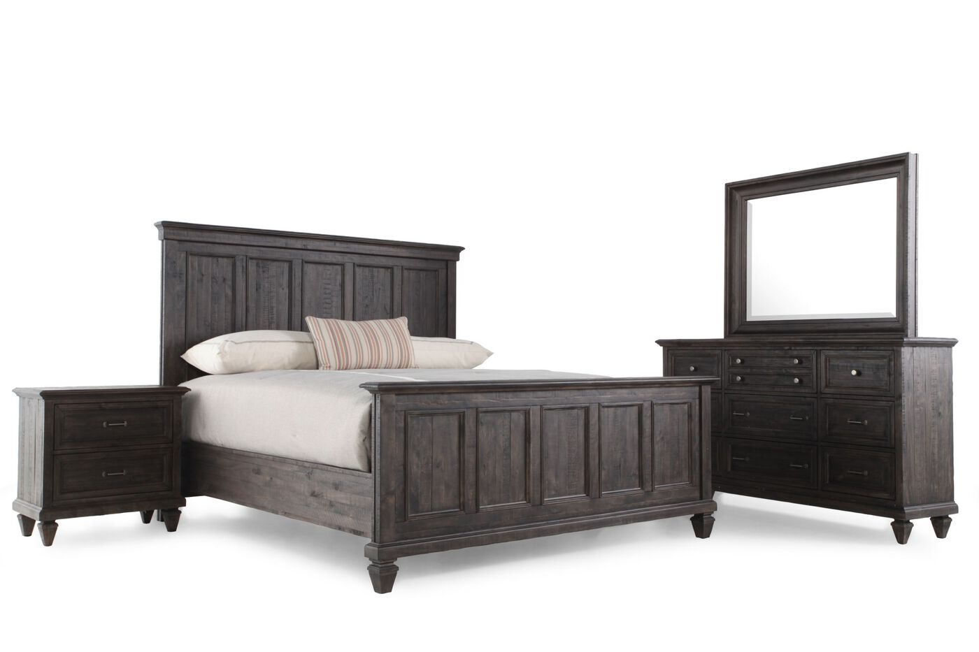 Four-Piece Distressed Solid Wood Bedroom Set in Charcoal | Mathis Brothers Furniture